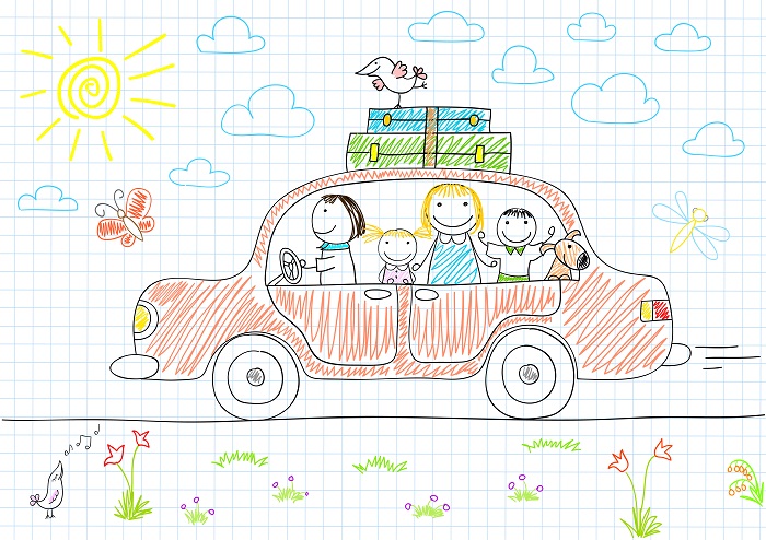 Kids drawing of a family car holiday